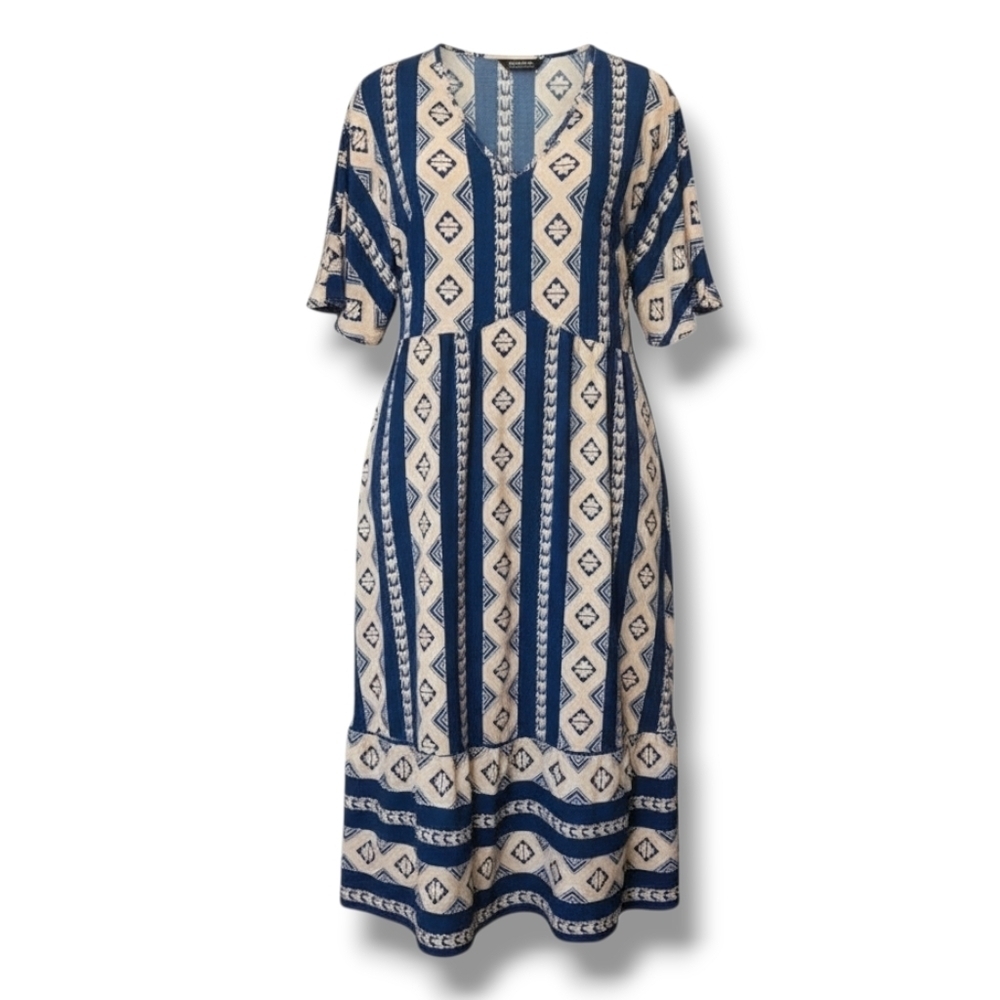 BloomChic women's Plus Size blue bandanna print Patchwork elastic waist dress